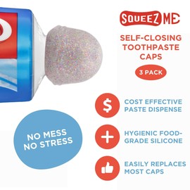 Chrome Cherry SqueezMe Self-Closing Toothpaste Caps, Silicone Lid for Kids & Adults, No Mess Toothpaste Dispenser, Easy Squeezer Cap for Tubes, Bathroom Accessory, Glitter, Pack of 6