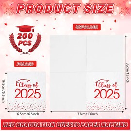 200Pcs Class of 2025 Graduation Napkins,Disposable Congrats Grad Napkins,Congratulation Foil Dot Paper Hand Towels for 2025 High School University College Graduation Party Decorations（Red）