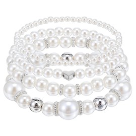 4Pcs Pearl Bracelets For Women Stretch Stackable Pearls Bracelet Stack Set Multilayered Elastic Bead Bracelets Boho Jewelry For Women Bridesmaid Bridal Wedding Jewelry (White and Silver)