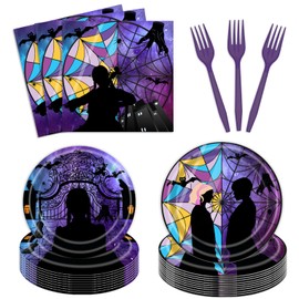 96 Pcs Wednesday Plates and Napkins Party Supplies Gothic Wednesday Party Supplies Including Wednesday Party Plates and Napkins Forks, Wednesday Party Favors Wednesday Birthday Decorations for Girls