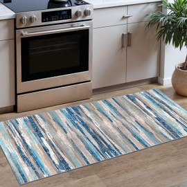 Lansny Modern Abstract Runner Rug 2x5, Blue Washable Kitchen Runner Entryway Rug Mat Non-Slip Soft Hallway Rug Runner Thin Print Faux Wool Carpet for Bedroom Laundry Room Indoor Home Decor
