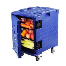 VEVOR Insulated Food Pan Carrier, 95 Qt Hot Box for Catering, LLDPE Food Box Carrier w/One-Piece Buckle, Front Loading Food Warmer w/Handles, End Loader w/Wheels for Restaurant, Canteen, etc. Blue