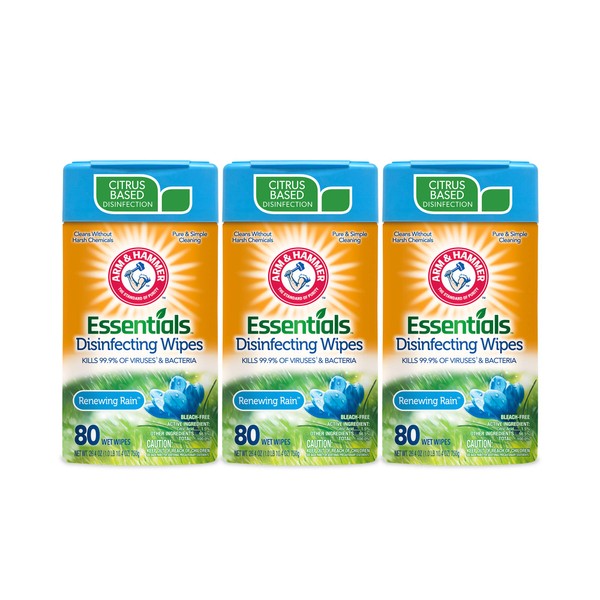 Arm & Hammer Essentials Disinfecting Wipes, Renewing Rain Scent, 3 Pack, 80 Count, 240 Wipes, Volcano