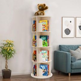 Rotating Kids Bookshelf – 4-Tier 360° Spinning Bookcase Tower, Solid Pine Wood, 16 Cubbies, Toddler Bookshelf Organizer & Lazy-Susan Storage for Nursery, Classroom or Playroom (Natural Finish)