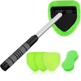 XINDELL Windshield Cleaner Tool – Upgrade Large Head Car Interior&Exterior Window Cleaning Kit with Extendable Handle & 4 Microfiber Pads, Auto Wiper Brush for Car, Trucks, SUVs, RVs & Home Windows
