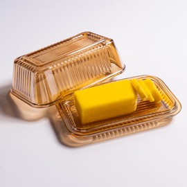 Champagne Color Glass Butter Dish with Lid for Kitchen Countertop,Covered Butter Stick Holder Tray,Crystal Glass Butter Storage Container