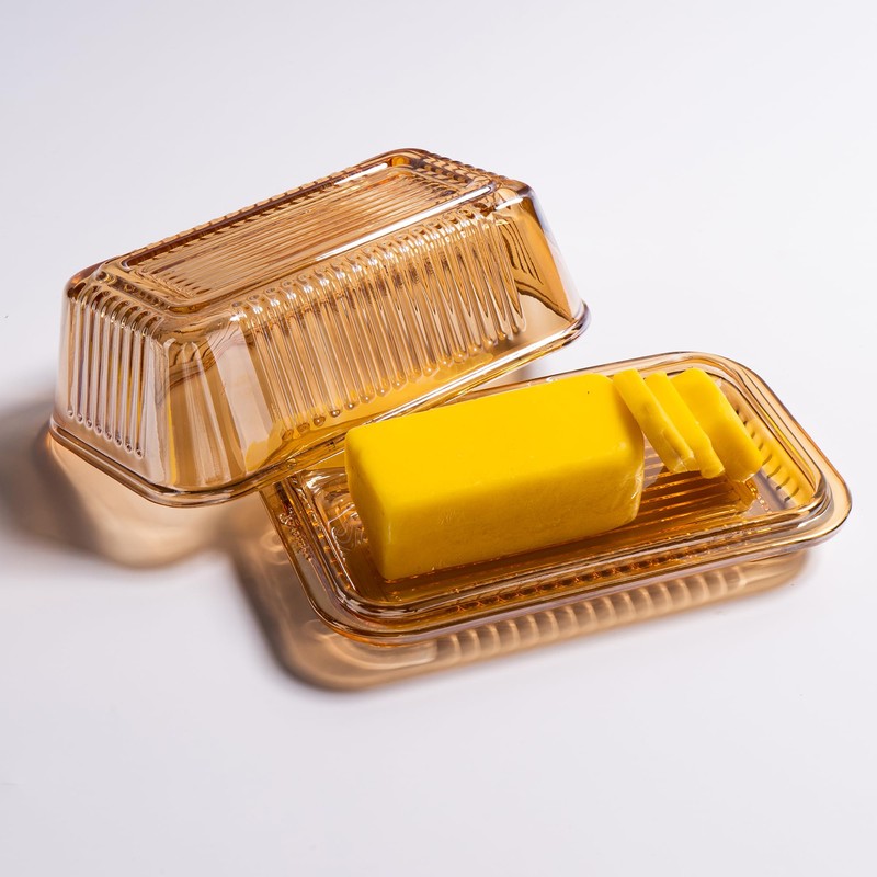 Champagne Color Glass Butter Dish with Lid for Kitchen Countertop,Covered
