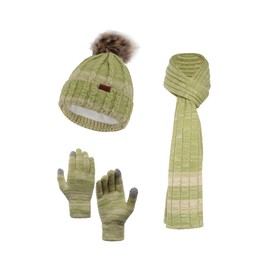 NATUST Womens Hat Scarf Gloves Set Winter Thicken Knitted Beanie Soft Long Scarf Touchscreen Gloves Lining Thermal Pom Pom Hats Green