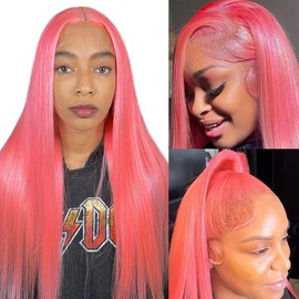 LZGYE Pink Lace Front Wig Human Hair 13x4 Hd Lace Pink Straight Wigs Human Hair Transparent Lace With Baby Hair Colored Closure Human Hair Wigs for Women 150% Density 20inch
