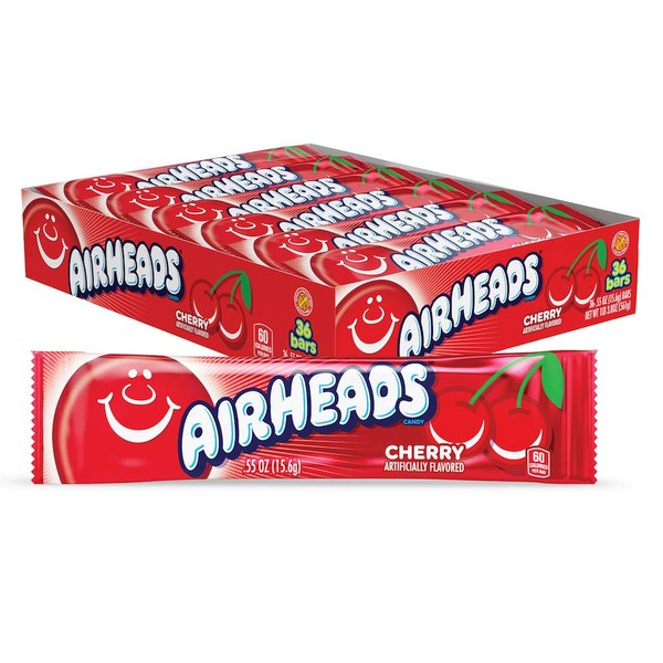 Airheads Candy, Cherry Flavor, Individually Wrapped Full Size Bars, Taffy, Non Melting, Party, Pack of 36 Bars