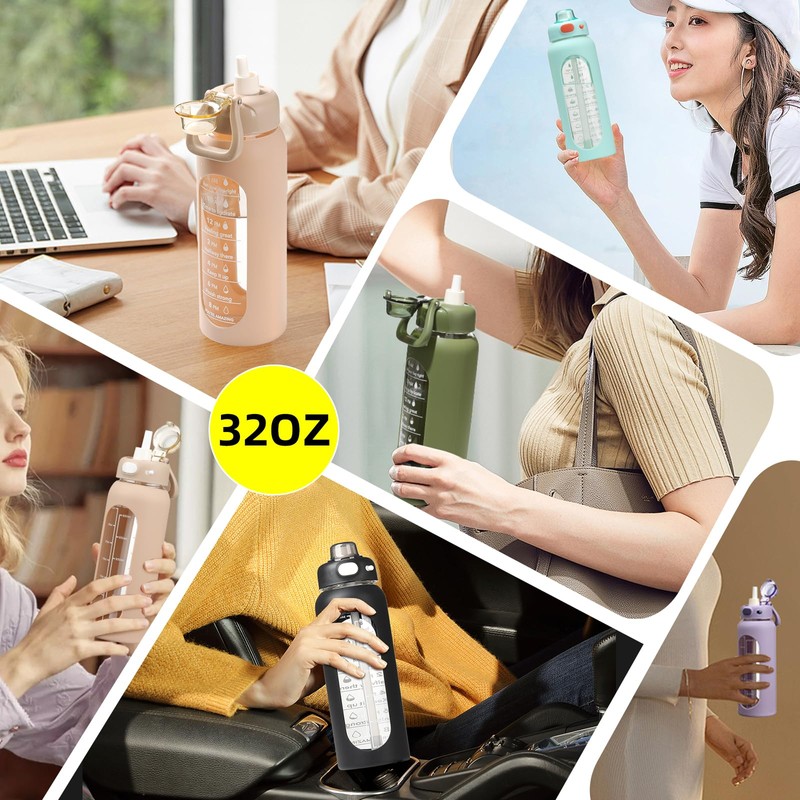 SIEROZUR 32 Glass Water Bottle with Straw and Handle Motivational