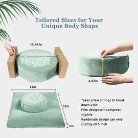 hunnidspace Meditation Zafu Cushion Set with Buckwheat Hulls & Memory Foam - Ergonomic Support for Yoga & Sitting - Removable Machine-Washable Luxury Velvet Cover - for Adults and Kids (Sage Green)