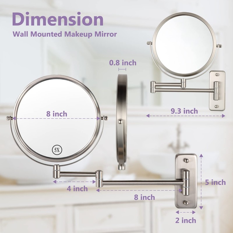 Wall Mounted Makeup Mirror, 1X/5X Magnifying Mirror Double Sided, 8