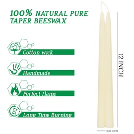 12 Inch Beeswax Taper Candles, Natural Beeswax Long Candle Sticks 12 Pack, White Dripless Bees Wax Candles - 10 Hour Burn Time for Home Dinner Christmas Air Purification