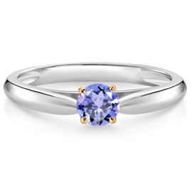 Gem Stone King 925 Silver and 10K Yellow Gold Ring Blue Tanzanite Solitaire Engagement Ring For Women (0.30 Cttw, Gemstone December Birthstone, Round 4MM) (Size 9)