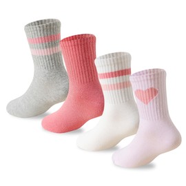 Wamvp Girls Socks Kids Pink Crew Athletic Socks with Hearts Striped 4 Pairs for Children 10-12 Years