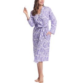 Women Jersey Knit Cotton Flower Housecoat Summer Robe Long Sleeve Bathrobe Lightweight(Purple,Medium)
