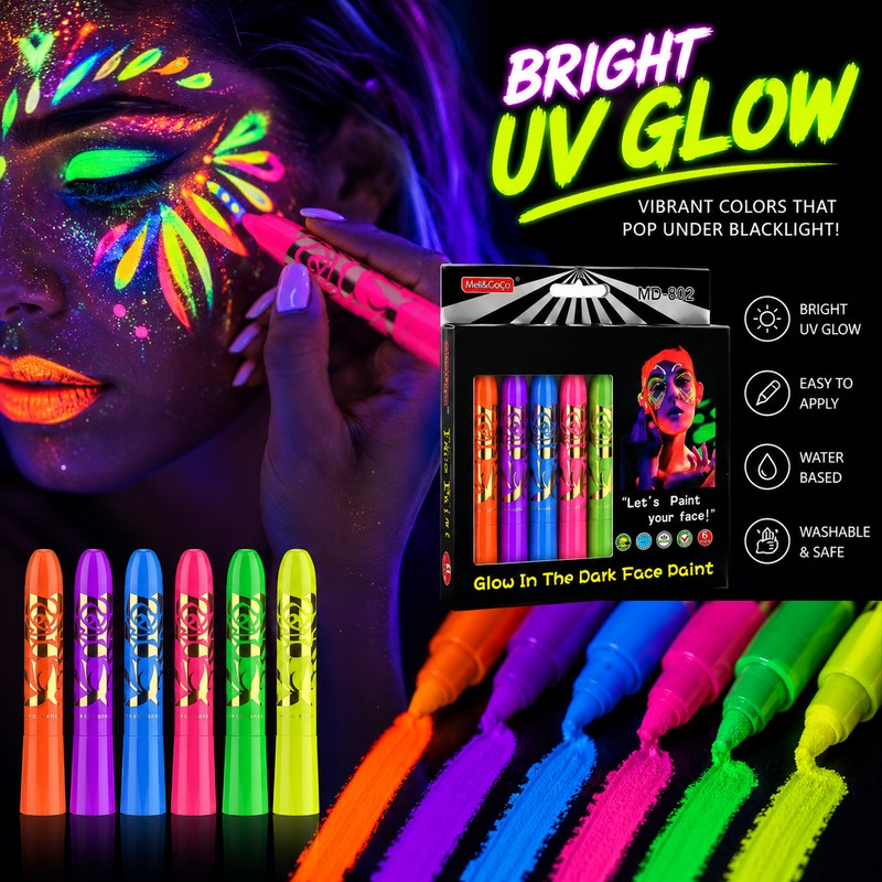 6-Color Glow Face & Body Paint Set for Parties –