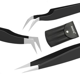 Sivote Eyelash Tweezers, 3-Pack, Hand Calibrated Straight, Curved Tips and Volume Tweezer, Stainless Steel Lash Tweezers for Eyelash Extensions, Black