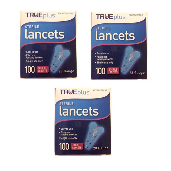 TruePlus Sterile Lancets, 28 Guage, 3 Boxes of 100 (300 Total)