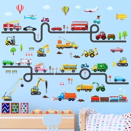 DECOWALL DS9-8090 Vehicles and Roads Wall Stcikers Decals Nursery Home Decor Kids Transports Peel Stick Removable Bedroom Construction Car Truck Tractor Boys Playroom