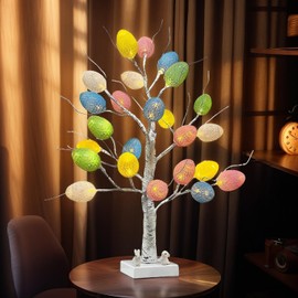 ApisNest Pre-lit Easter Tree Decorations,24 Inch Easter Birch Tree with 24 Egg,DIY Artificial Tree Tabletop Decor for Easter Spring Party