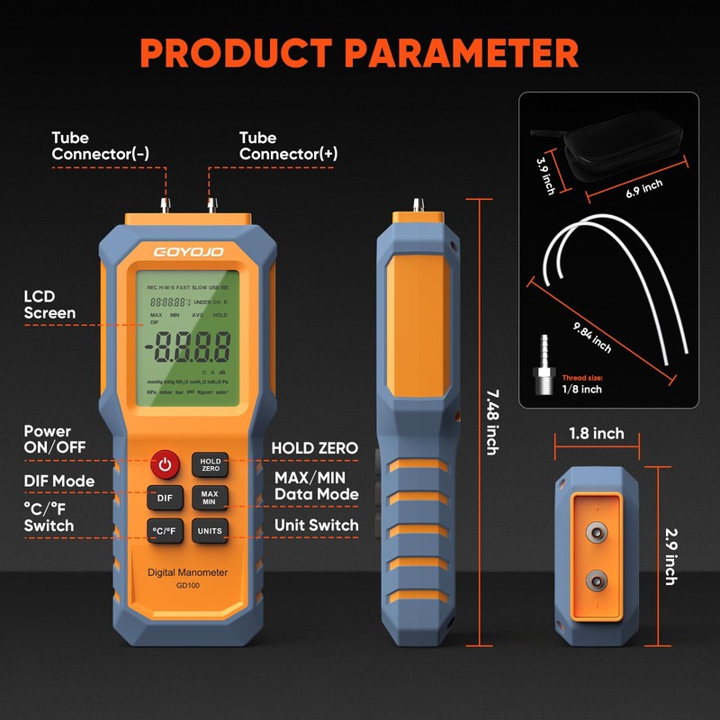Handheld Manometer with Backlit, Dual-Port HVAC Digital Manometer Gas Pressure