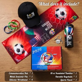 Soccer Fan Gift Basket Set 2026 – 9PCS Sports Accessories Bundle with Stainless Steel Tumbler, Towel, Hat, Keychain, Wristband & Pin – Triple Nation Flag Design Gift for Soccer Lovers