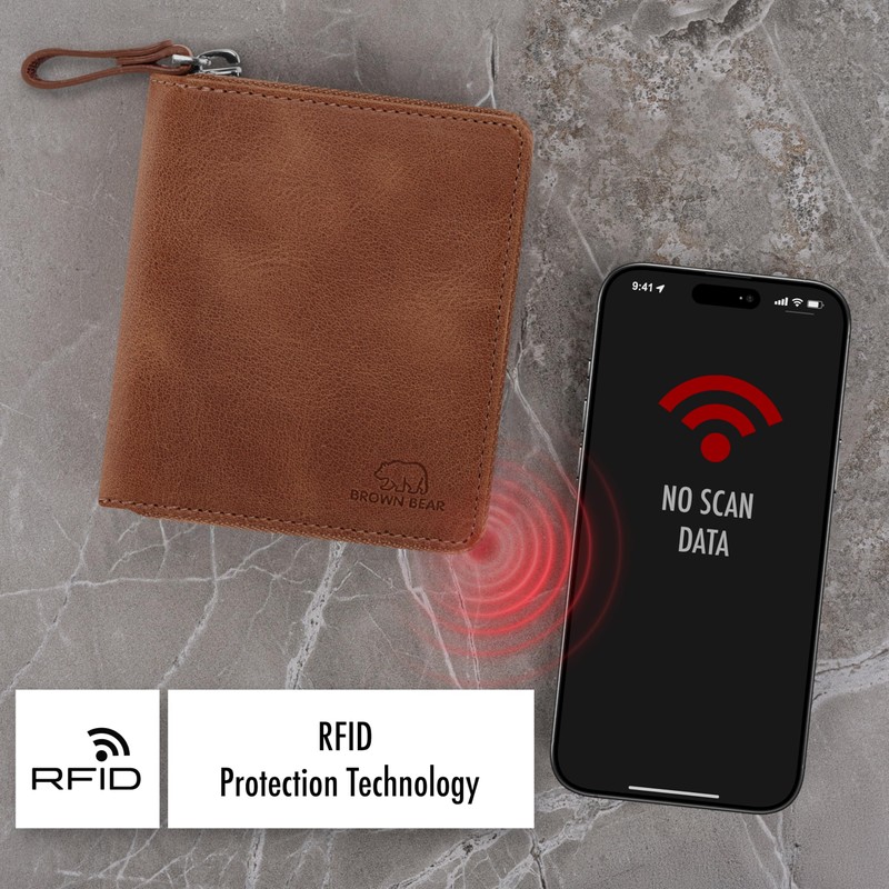 Brown Bear Wallet Zip Leather RFID Protection & Coin Compartment