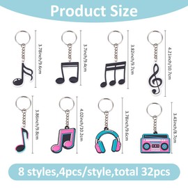 SUPERFINDINGS 32Pcs 8 Styles Music Keychains Musical Note Key Chain Bulk Music Party Favors Keychain Cute Keyrings Decorative Key Rings for Musicians Singer Gifts Musical Themed Party