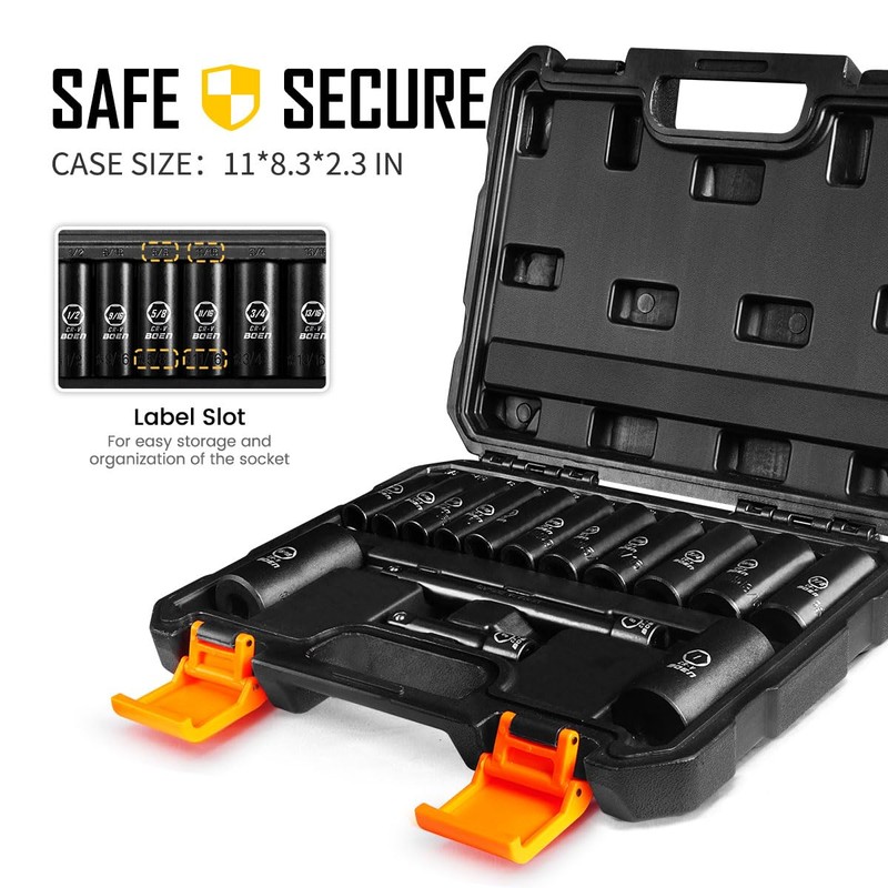 BOEN 3/8" Drive Deep Impact Socket Set, 15 Piece SAE
