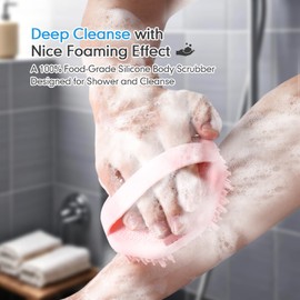 Silicone Body Scrubber with Foaming Effect, Food-Grade Safe, Pink, Soft Dense Bristles for Deep Cleansing