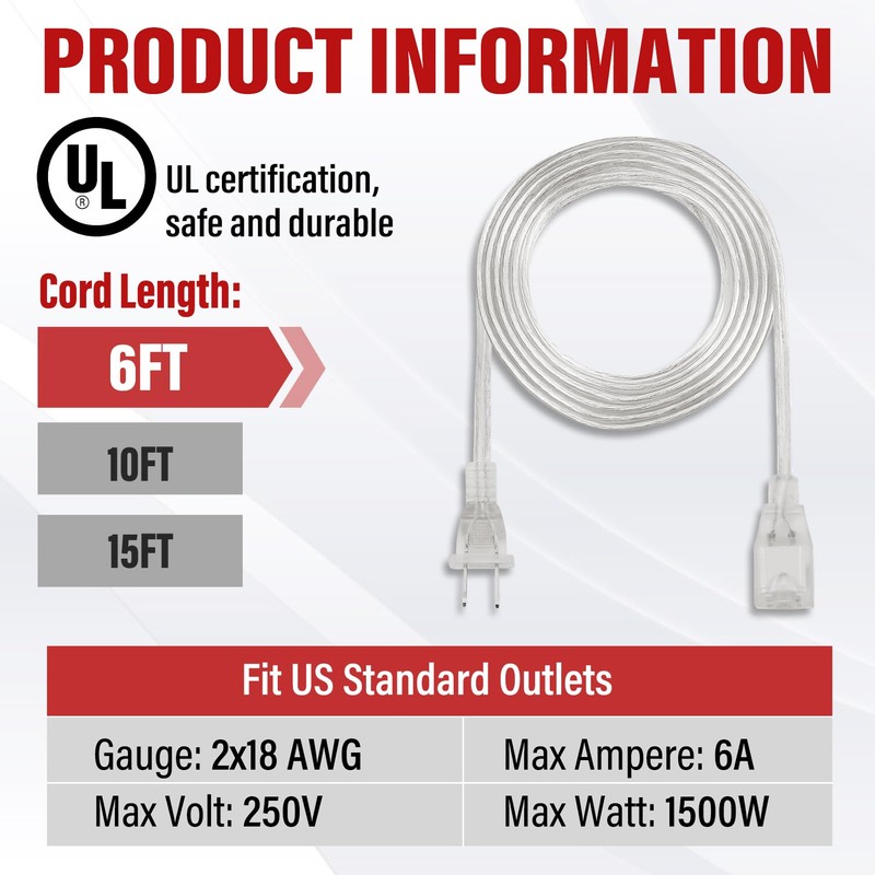 Clear Extension Cord - 6 FT Male to Female Invisible