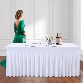 PARTISKY White Table Skirts for Rectangle Tables 8ft Spandex Table Covers 8ft Table Cloth Rectangle Tables White Stretchable Table Clothes for 8 Foot Rectangle Folding Tables