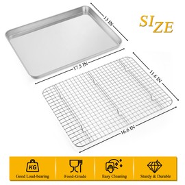 P&P CHEF Baking Sheet with Rack Set, 17.5 Inch Half Sheet Pan and Cooling Rack, Stainless Steel Cookie Sheet Tray with Grid Rack for Oven, Heavy Duty & Dishwasher Safe, Healthy & Durable