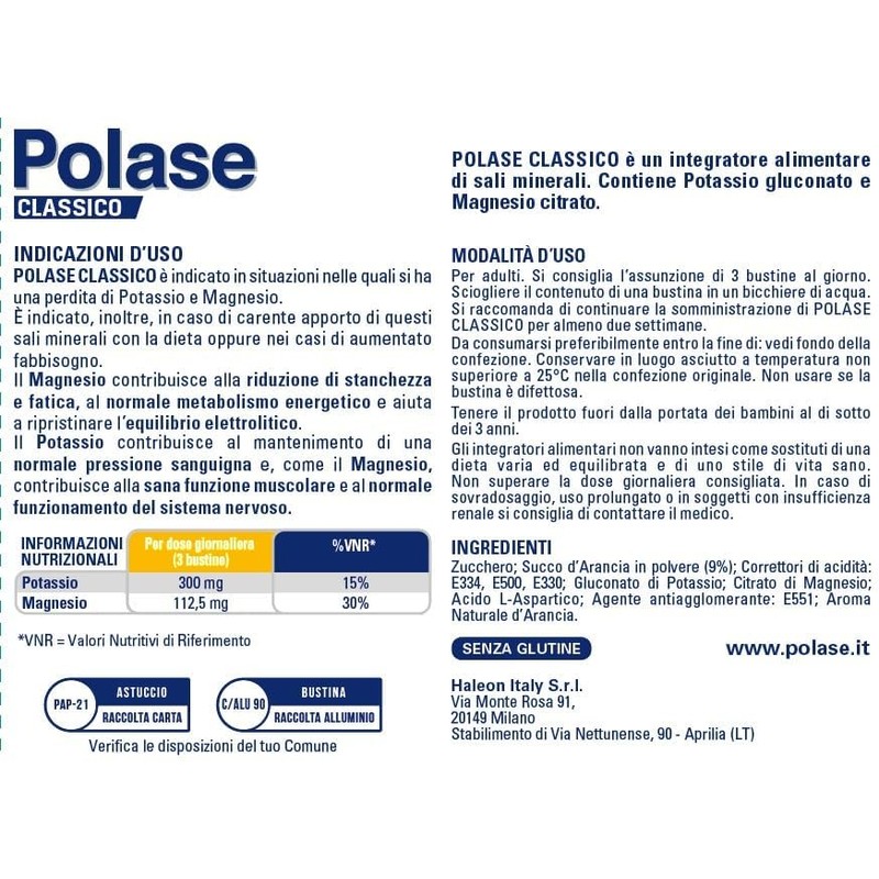 Polase Classico, Magnesio e Potassio,Integratore Alimentare, contro Stanchezza e Fatica