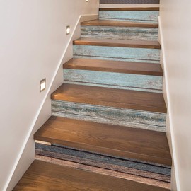 funlife 14 PCS Self Adhesive Stair Stickers, Peel and Stick Vinyl Stair Risers Staircase Murals Decals Sticker Decor for Steps, 39.37"x7.09", Faux Weathered Retro Wood