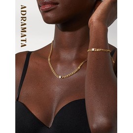 Adramata Necklace Chain Bracelet for Men and Women 4.5 mm Wide Stainless Steel Chain 14K Gold-Plated Necklace Bracelet Set Waterproof Zirconia Silver Chain 40/45/50 cm Adjustable Length, Stainless