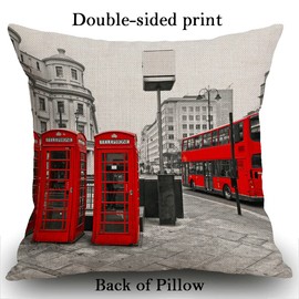 Smooffly London City Cotten Linen Cushion Cover,Double decker Bus Red Telephone Boxes Decorative Square Throw Pillow Case Pillowcase for Couch Livingroom Sofa Bed 45cm x 45cm,18x18 Inches