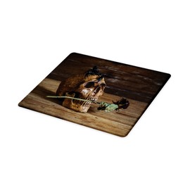 Lunarable Gothic Cutting Board, Still Life Skull and Rose Periods with a Scorpion on the Head Skeleton Horror Themed Art, Decorative Tempered Glass Cutting and Serving Board, Large Size, Brown