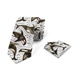 Lunarable Marine Men's Tie Set, Watercolor Orcas Swimming in Ocean Waves Wildlife Exotic Underwater Whale, Necktie Set Groom Handkerchief for Parties Weddings & All Occasions, Taupe Champagne White