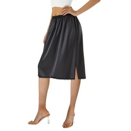 Women Satin Half Slip Long Underskirt Elastic Waist Bodycon Underskirt Shapewear for Under Dresses Extender Lace Underskirt (A-Black Midi Skirt, XL)