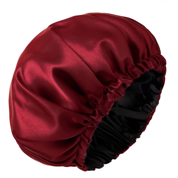 GBS Ajustable Satin Bonnet Sleep Cap - Reversible Double Layer Stay On Hair Bonnet for Natural Hair Women - Burgundy, Extra Large