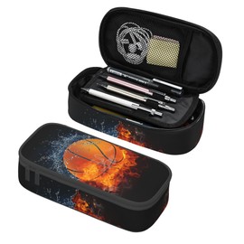 Basketball Pencil Box Black Kids Pencil Case for Boys Youth, Big Capacity Canvas Pen Pouch Marker Bag, Portable Travel Storage Box Desk Office Organizer, Sports-Themed Stationery Organization Bag