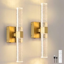 HLILCEH Battery Operated Crystal Wall sconces Set of 2,Rechargeable Modern Vanity Light Fixtures, 3000K Dimmable Gold LED Wireless Wall Lights for Bathroom Bedroom Living Room Hallway(2 Pack)