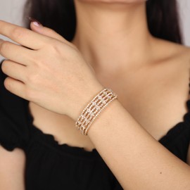 Denifery Sparkly 5 Rows Rhinestone Crystal Multilayer Arm Cuff Cubic Zirconia Bangle Bracelet for Women Costume Jewelry Formal Wedding Party, Adjustable, alloy, no gemstone