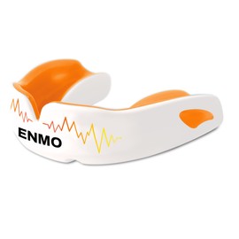 Enmo Maxilla Pro Mouthguard, with Case, Adults and Kids 10 Years and Above, Triple Layer, Gel Channel, Breathing Channel Tech, Boil and Bite, Anti Microbial, Contact Sports, Radio White/Orange