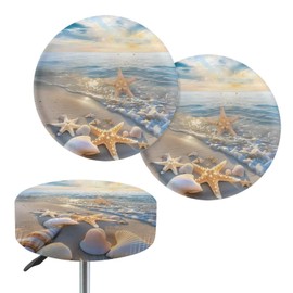 Wanyint Beach Starfish Shell Blue Bar Stool Covers Round, 2 Pack High Stretch Circle Stool Cushion 14-16 Inch Round Stool Slipcovers for Bathroom Office