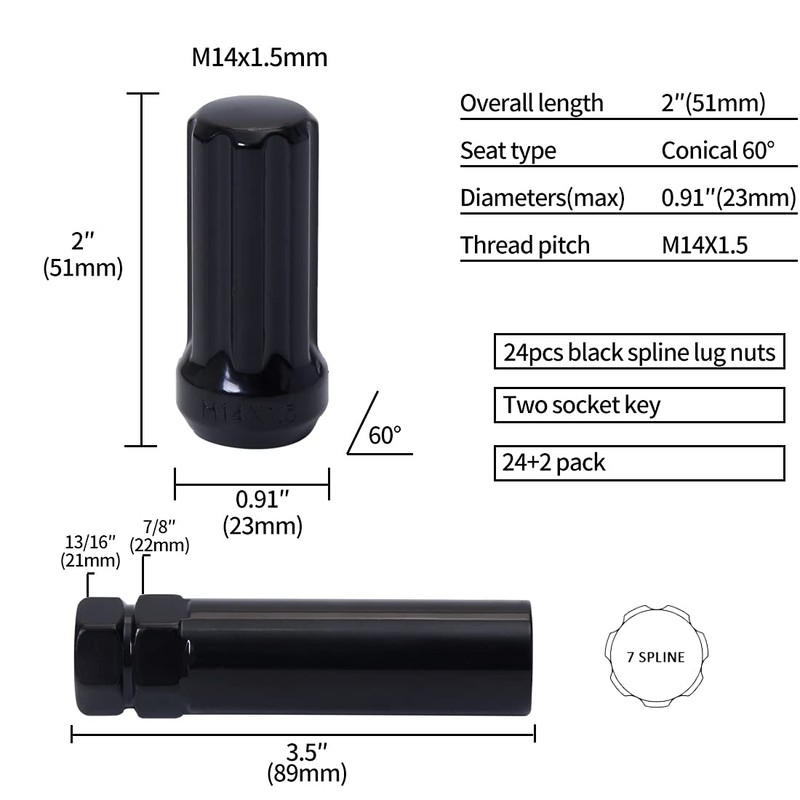Acorn M14x1.5 Black Lug Nuts - 2" Tall, Set of