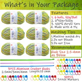 Crochet Yarn Balls(6 X 50g, 4-Ply), Knitting Wool Yarn for Crochet, Double Knitting Wool with Aluminum Crochet Hooks Stitch Markers, Acrylic Yarn for DIY Craft and Crochet Project (01 Spring Green)